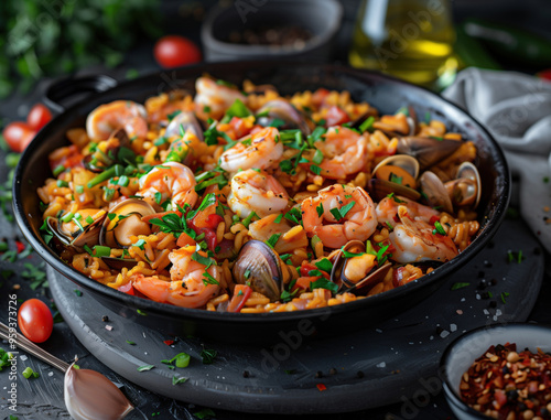 Close Up of Traditional Mediterranean Paella in a Rustic Setting