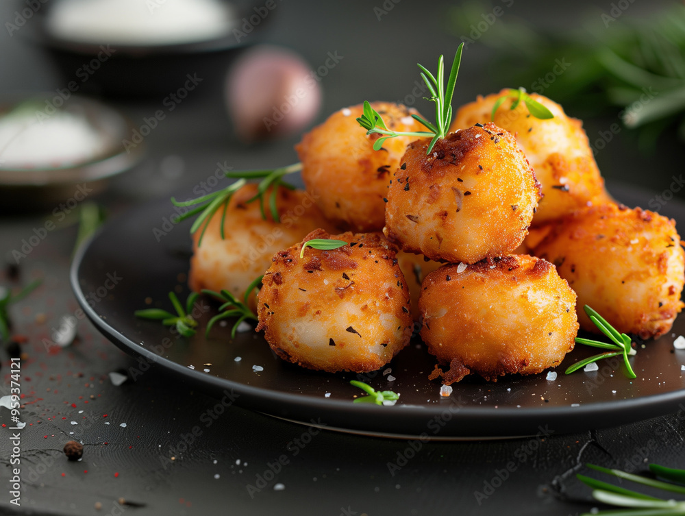 Traditional Spanish Croquetas on Slate with Sea Salt, Side View Rustic Tapas Traditional Spanish Croquetas on Slate with Sea Salt, Side View Rustic Tapas