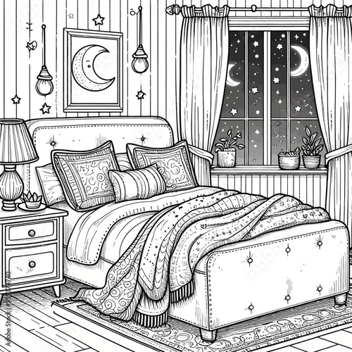 A bed with fluffy pillows and blankets, a bedside