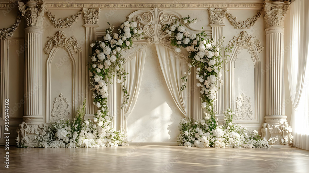 White floral archway with drapes in a classic interior setting. White floral archway with drapes in a classic interior setting.