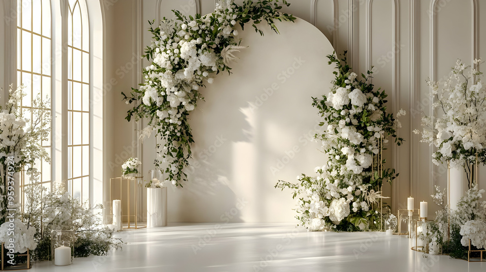 White floral arrangements with gold stands and a circular backdrop in a bright room. White floral arrangements with gold stands and a circular backdrop in a bright room.