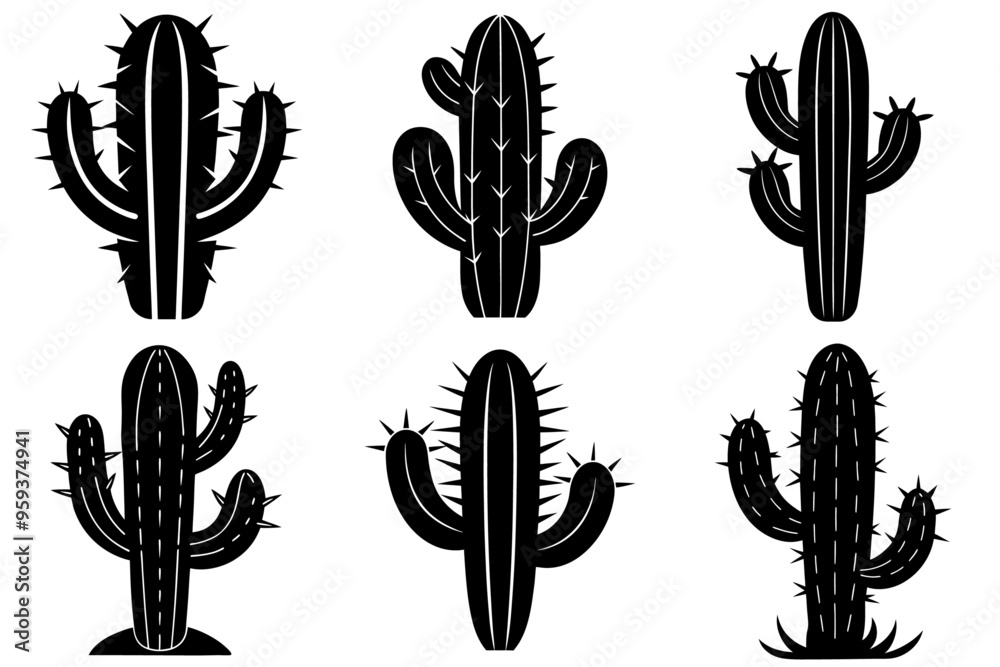 A set of black cactus silhouette A set of black cactus silhouette