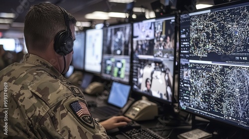 Military Operator Monitoring Security System On Computer Screens