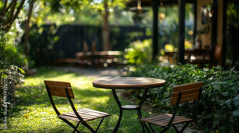 An empty chairs in backyard or garden Concept of calm relaxation and comfortable Outdoor green terrace peaceful and recreation coffee shop landscaped greenery and botanical background : Generative AI An empty chairs in backyard or garden Concept of calm relaxation and comfortable Outdoor green terrace peaceful and recreation coffee shop landscaped greenery and botanical background : Generative AI