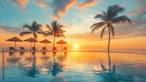 Sunset tourism landscape Luxurious beach resort with swimming pool reflection beach chairs or loungers under umbrellas with palm trees sunset sky Summer travel and romantic vacation ba : Generative AI