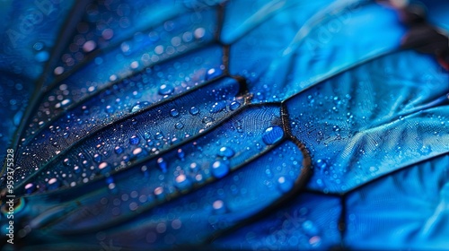 Close-up of a Blue Morpho Butterfly Wing with Water Droplets