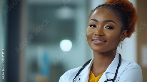 Close up focus on African smiling woman doctor in white coat stethoscope on neck look at patient listen examine health Adolescent medicine hebiatrics or paediatrics healthcare medical  : Generative AI photo