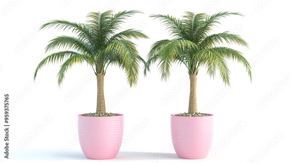 Obraz premium Two palm trees in pink flowerpots on a white background