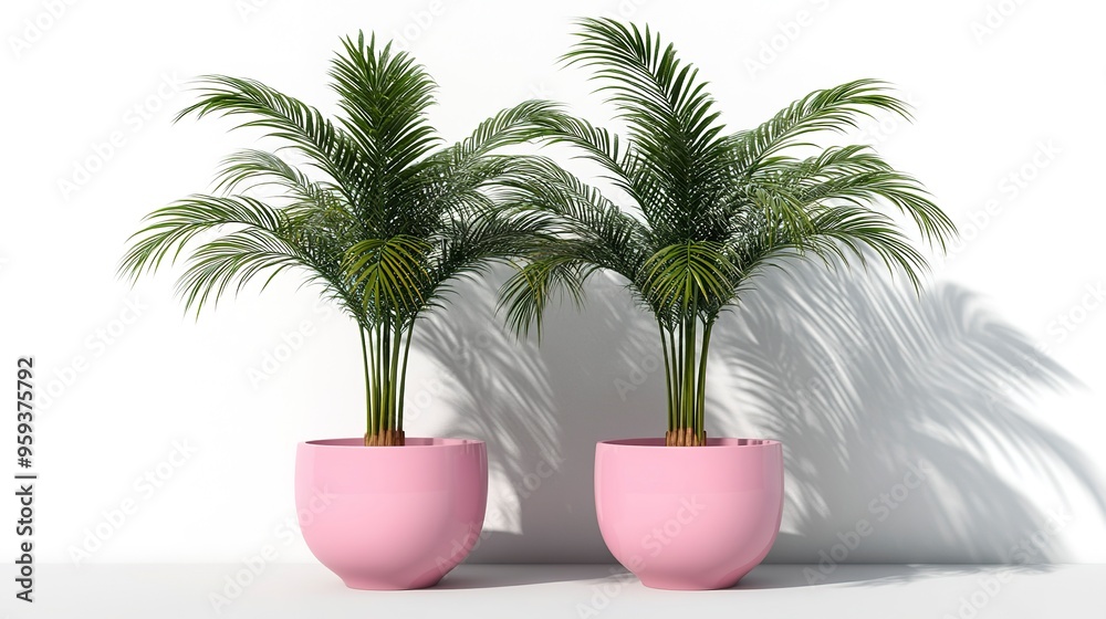 Fototapeta premium Two palm trees in pink flowerpots on a white background