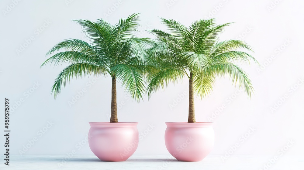 Obraz premium Two palm trees in pink flowerpots on a white background