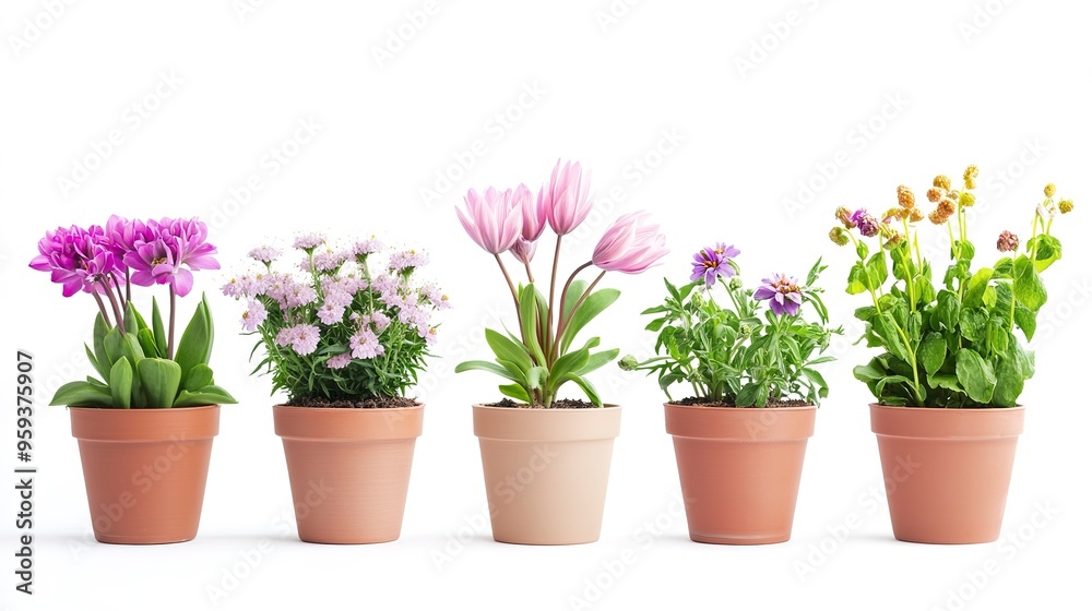 Set of fresh flowers in pot isolated on background, collection of houseplant botany, natural spring tree and plant concept Set of fresh flowers in pot isolated on background, collection of houseplant botany, natural spring tree and plant concept