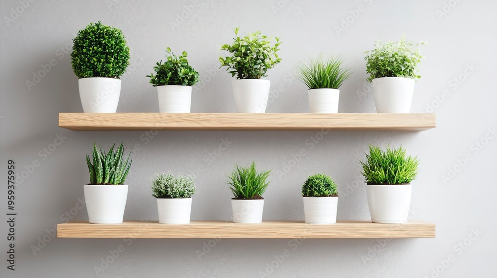 green plants in white pots on wooden shelf or racks for indoor decoration green plants in white pots on wooden shelf or racks for indoor decoration