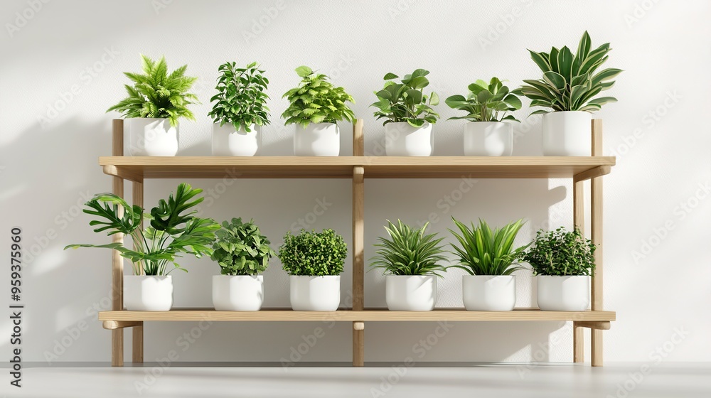green plants in white pots on wooden shelf or racks for indoor decoration 