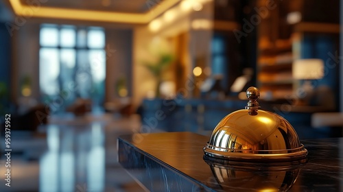 Hotel service bell Concept hotel travel roomModern luxury hotel reception counter desk on background : Generative AI photo