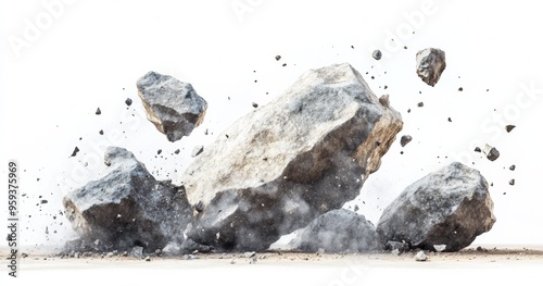 Isolated on a white background, large boulders falling to the ground