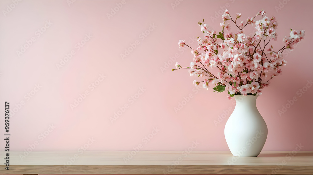 White vase with pink flowers on wooden table against a light pink wall. White vase with pink flowers on wooden table against a light pink wall.