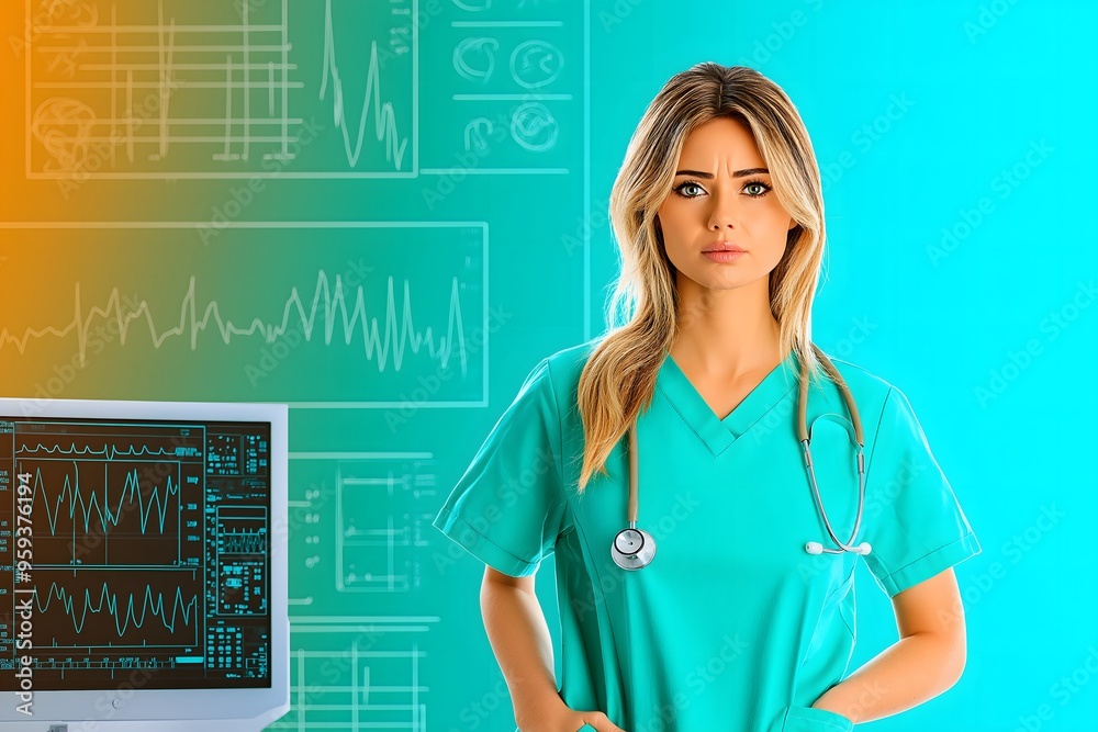 A female doctor or nurse wearing work clothes and a stethoscope, set against a solid color background with medical equipment A female doctor or nurse wearing work clothes and a stethoscope, set against a solid color background with medical equipment