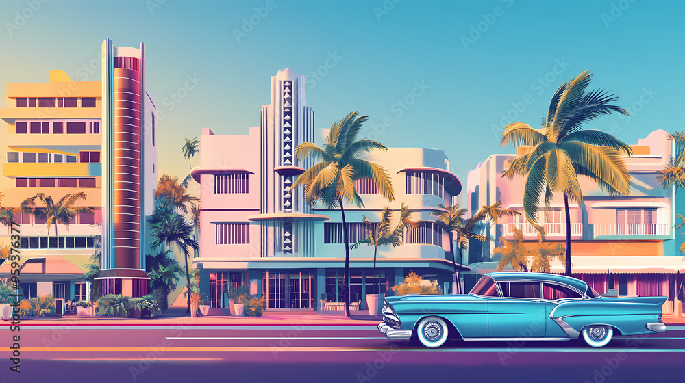 Obraz premium Buildings in miami beach, florida, art deco area with a vintage car. generative ai. Art Deco. Illustration
