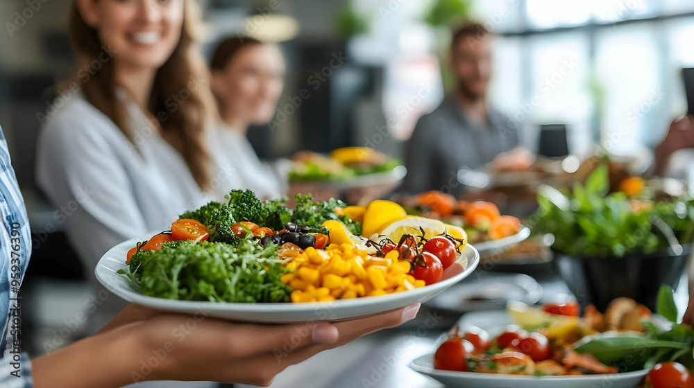 Woman holding a plate of salad with broccoli, tomatoes, lemon wedges, and corn. Woman holding a plate of salad with broccoli, tomatoes, lemon wedges, and corn.
