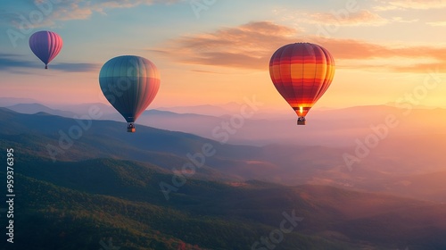 Colorful hot air balloons flying above mountain at sunrise sky background Travel natural background : Generative AI