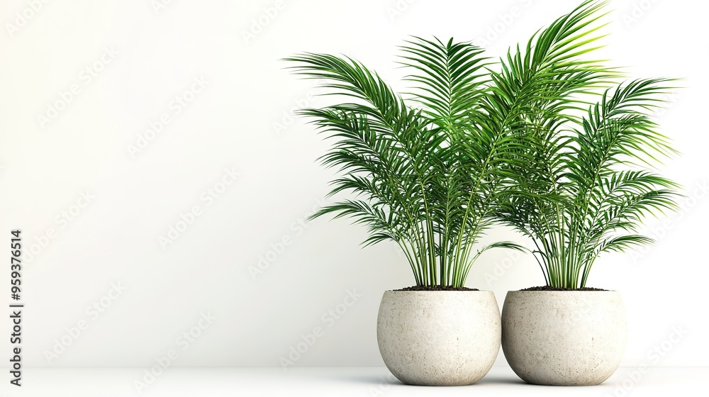 Green palm tree pots isolated on white background, 3d rendering Green palm tree pots isolated on white background, 3d rendering