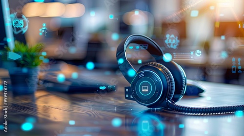 Modern Headphones with Futuristic Interface on a Wooden Table