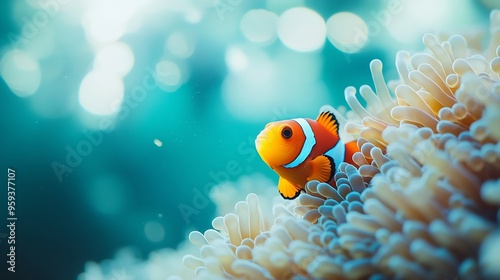 one small orange clownfish hiding in an anemone against the backdrop of turquoise ocean water Diving in the pacific ocean Wild world of the sea reserve An interesting hobby Seawater aq : Generative AI