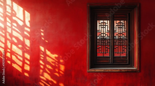 Wooden window in red wall with traditional Chinese style Interior view : Generative AI
