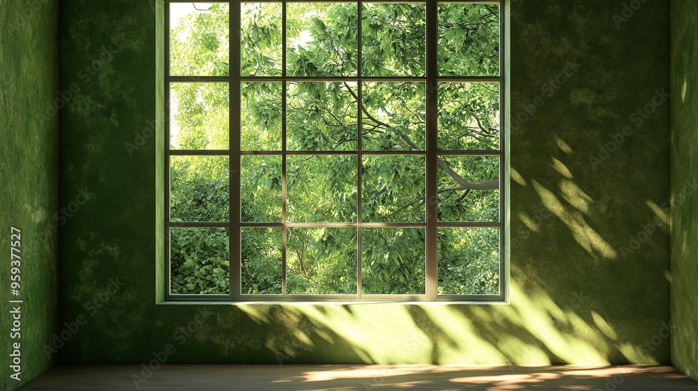 Fototapeta premium A room with a green wall and a window with trees outside 