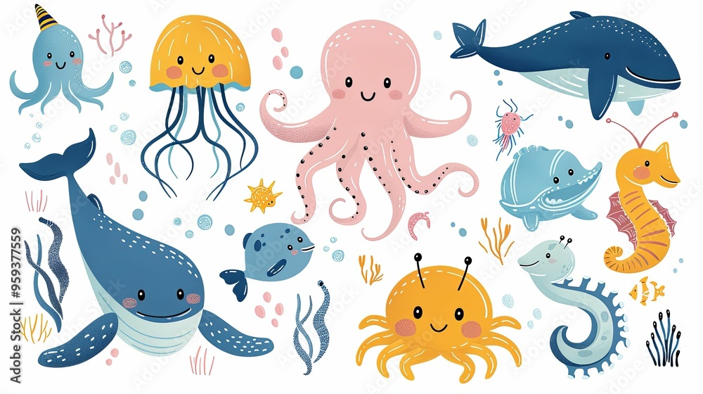 Colorful Cartoon Sea Creatures with Smiling Faces Colorful Cartoon Sea Creatures with Smiling Faces