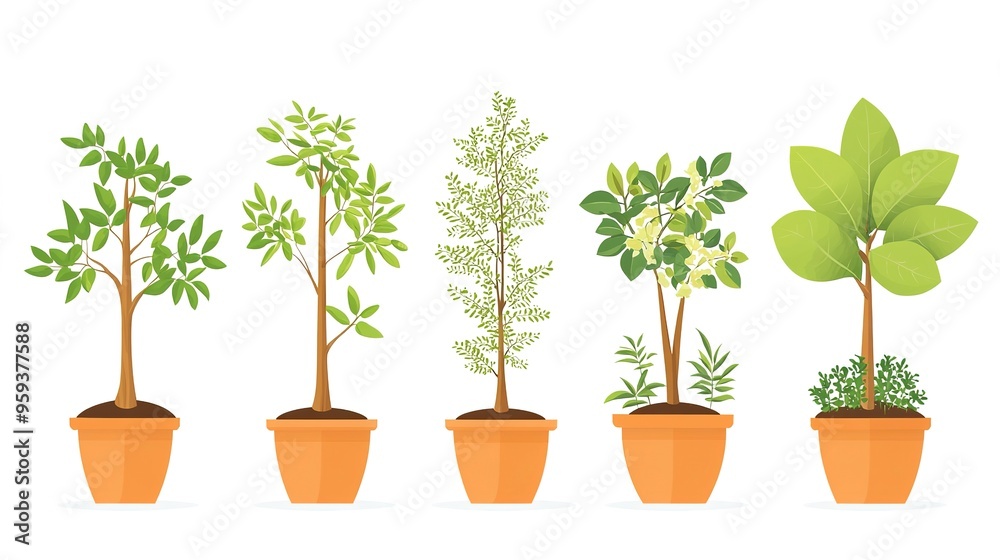 reforestation set of young trees trunks in pots, afforestation set of green plants in flowerpots, gardening and botany concept reforestation set of young trees trunks in pots, afforestation set of green plants in flowerpots, gardening and botany concept