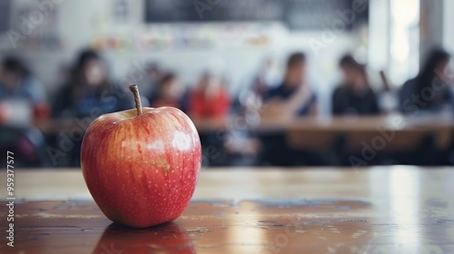 Back to school. Red apple on the table in the classroom. photo