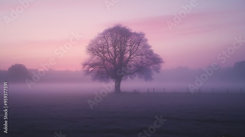 Beautiful foggy sunrise in English countryside with soft pastel sky and calm feeling : Generative AI