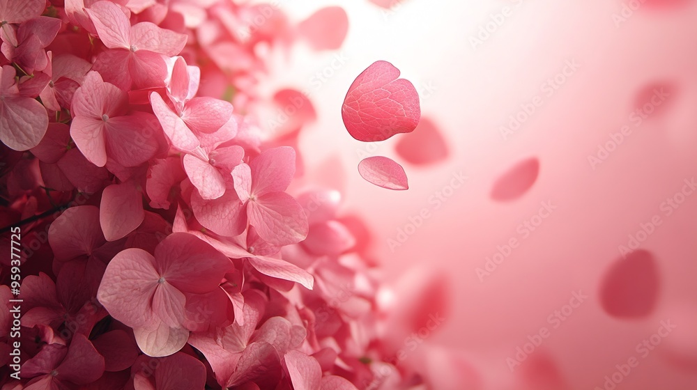 Beautiful hydrangea flowers frame with flying petals at pink background : Generative AI Beautiful hydrangea flowers frame with flying petals at pink background : Generative AI