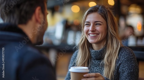 Smiling male and female business colleagues talking while enjoying coffee break at cafeteria : Generative AI