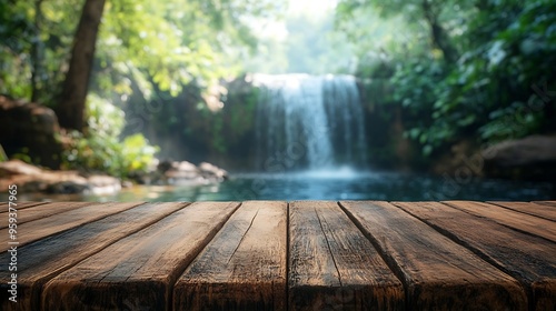 Empty wood table top with blur background of waterfall tropical in summer The table giving copy space for placing advertising product on the table along with beautiful summer waterfall : Generative AI