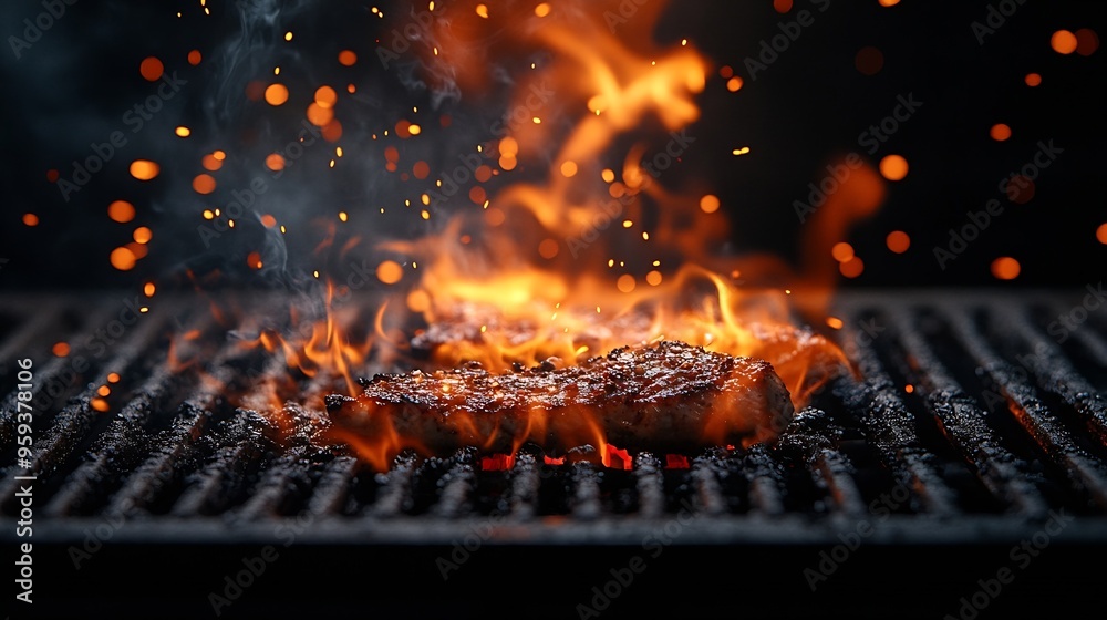 barbecue BBQ grill with flaming fire and ember charcoal on black background wooden table : Generative AI barbecue BBQ grill with flaming fire and ember charcoal on black background wooden table : Generative AI