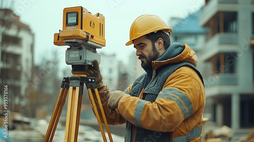 A man site engineer surveyor working with theodolite total station EDM equipment on a building construction site outdoors : Generative AI photo