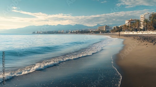 Wide and empty beach of the resort town of Puerto Banus Marbella Spain January 20th 2024 : Generative AI photo