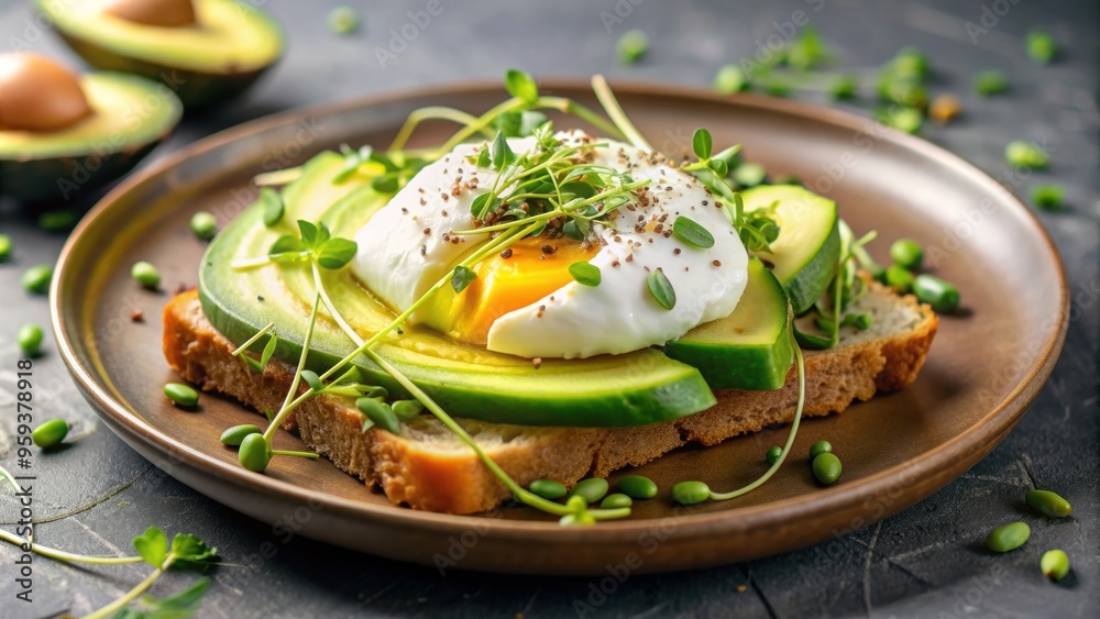Healthy breakfast featuring avocado, poached egg, soft cheese, and sprouts , nutritious, organic Healthy breakfast featuring avocado, poached egg, soft cheese, and sprouts , nutritious, organic