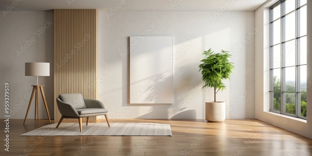 Minimalist interior with a blank poster , empty, modern, clean, white, simple, design, contemporary, space, decoration, wall, decor