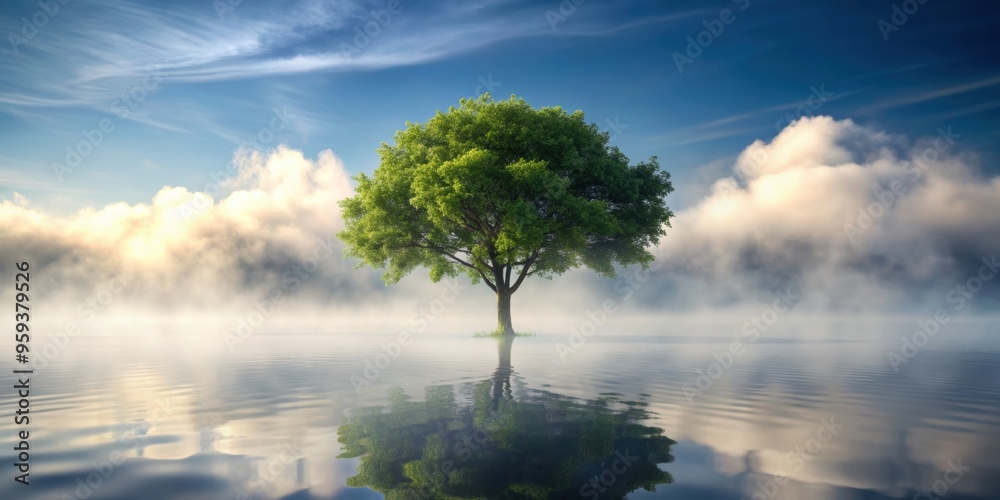 Obraz premium Tree surrounded by water vapor mist , nature, fog, misty, branches, leaves, mist, foggy, peaceful, serene, tranquil, green