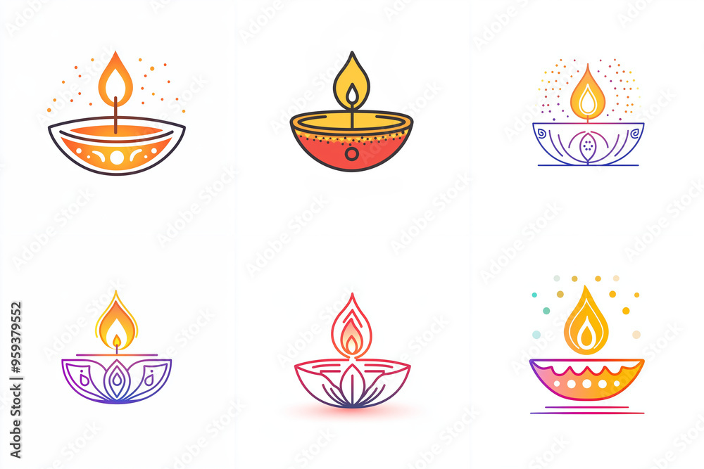 This collection showcases a variety of beautifully designed decorative icons depicting traditional oil lamps used in celebrations and festivals, emphasizing cultural significance, diwali mood This collection showcases a variety of beautifully designed decorative icons depicting traditional oil lamps used in celebrations and festivals, emphasizing cultural significance, diwali mood