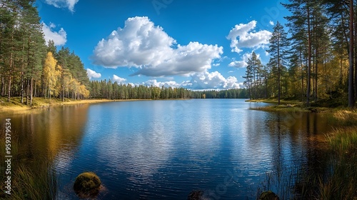 Panoramic view of the forest lake Clear blue sky with dramatic glowing clouds after the rain Early autumn landscape The biggest lake in Tampere area Nasijarvi Finland Nature environmen : Generative AI photo