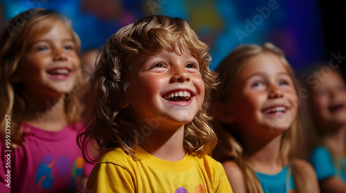 Young girl laughing with her friends during a show or performance.