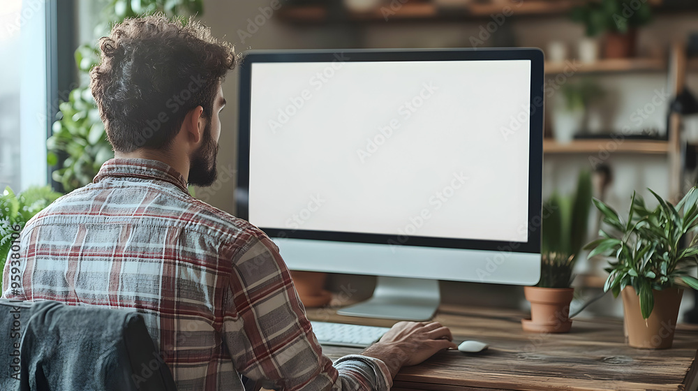 Young man working on a computer in a home office. Young man working on a computer in a home office.