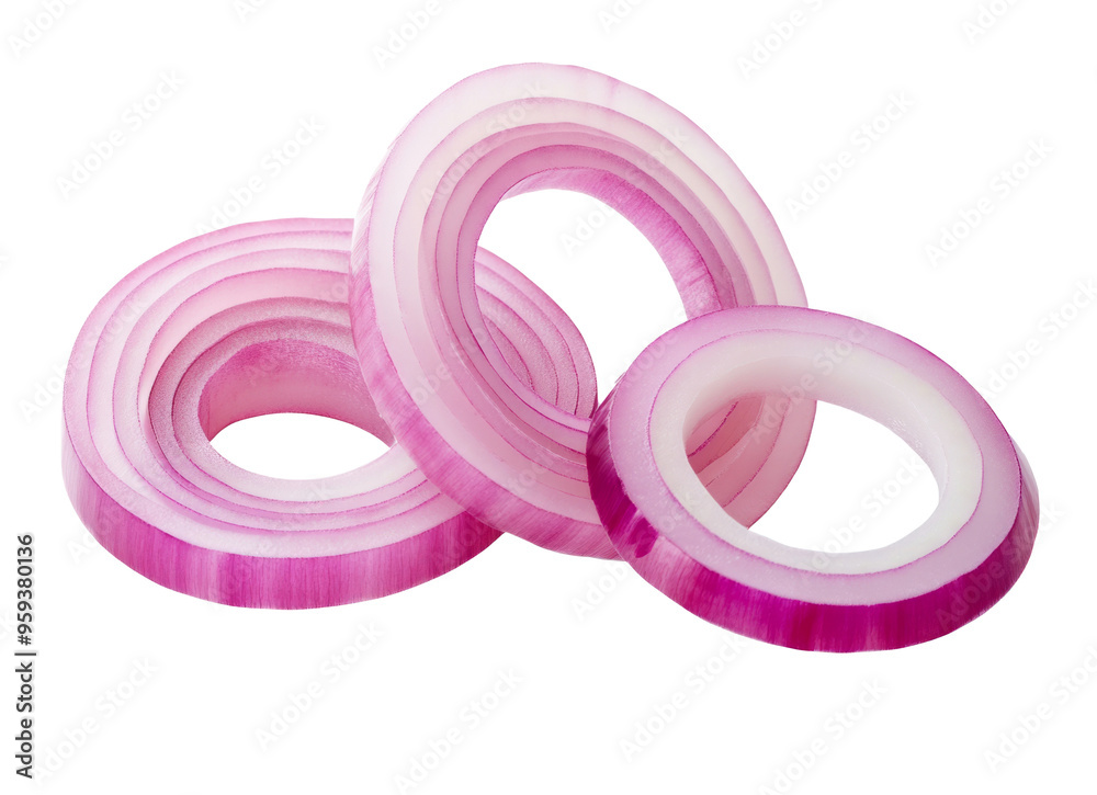 Top view set of red or purple onion rings or slices in stack isolated with clipping path in png file format Top view set of red or purple onion rings or slices in stack isolated with clipping path in png file format