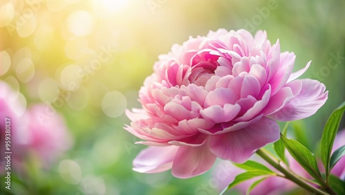 Realistic close-up of a delicate pink peony flower with soft focus background, peonies, elegance, beauty, nature, floral, isolated