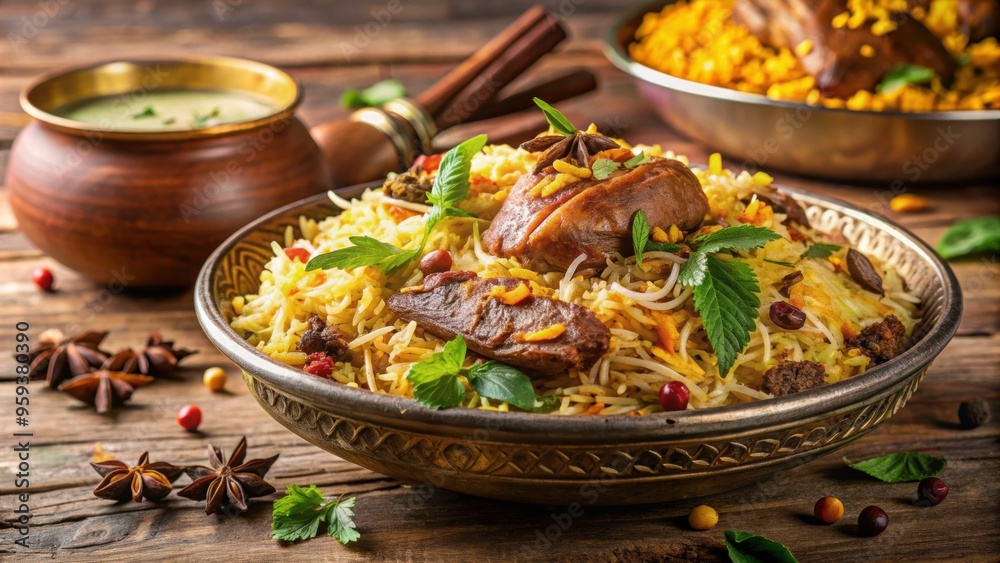 Indulgent Hyderabadi Biryani garnished with fragrant saffron, tender meat, and aromatic spices, Hyderabadi, Biryani, Indian Indulgent Hyderabadi Biryani garnished with fragrant saffron, tender meat, and aromatic spices, Hyderabadi, Biryani, Indian