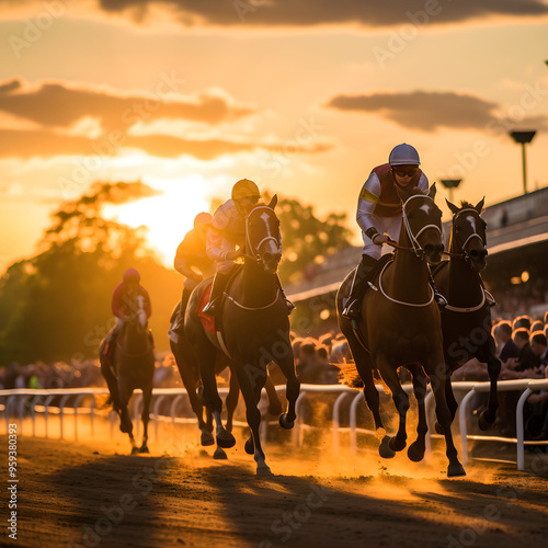 Dramatic Sunset Race: The Energy and Emotion of a Thrilling Horse Race